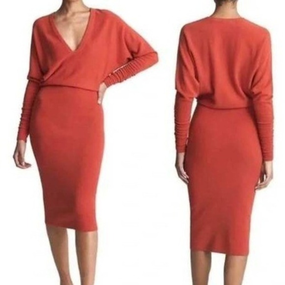 Reiss Women M Red Leila Knitted Crew Neck Dolman Sleeve Sweater Dress Wool Blend